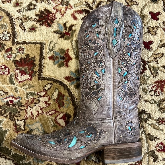 Womens Corral Vintage Turquoise Inlay & Stud Cowgirl Boots A1149 - Picture 7 of 15